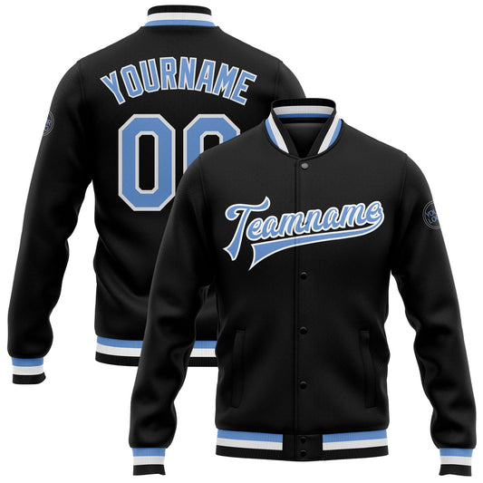 Custom Black Light Blue-White Bomber Full-Snap Varsity Letterman Jacket - Main View