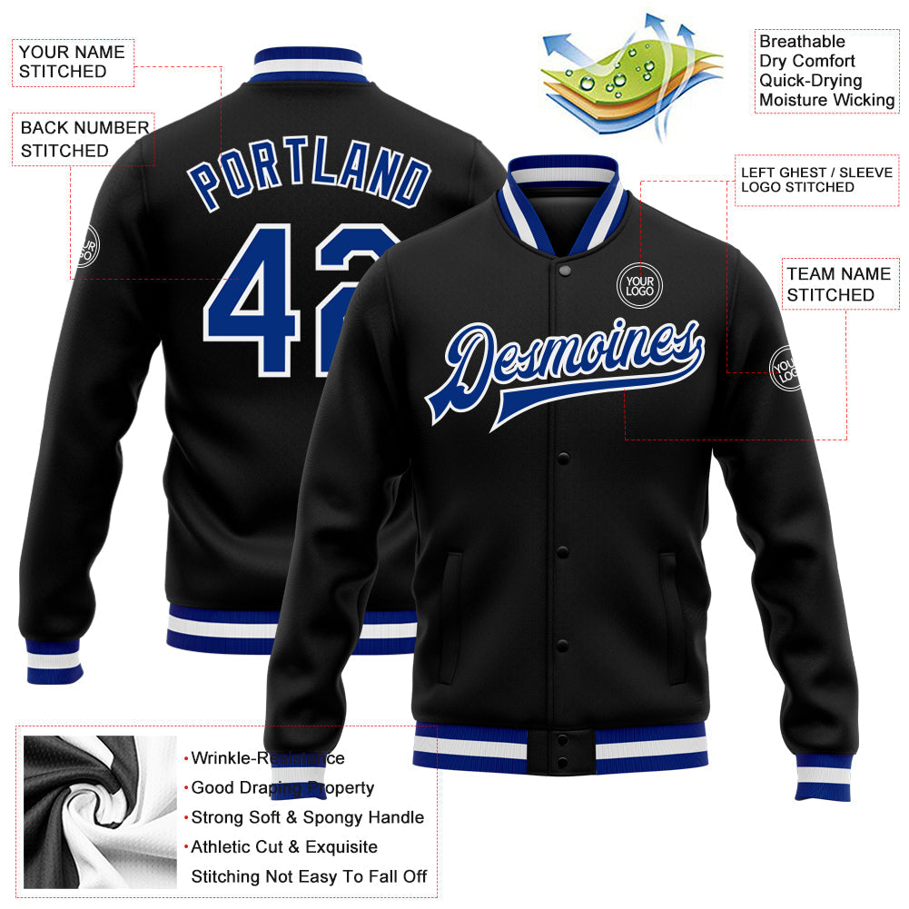 Custom Black Royal-White Bomber Full-Snap Varsity Letterman Jacket view 5