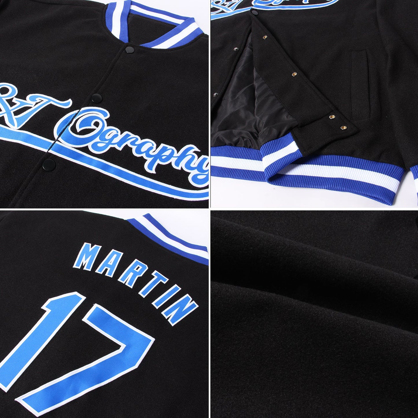 Custom Black Royal-White Bomber Full-Snap Varsity Letterman Jacket view 4