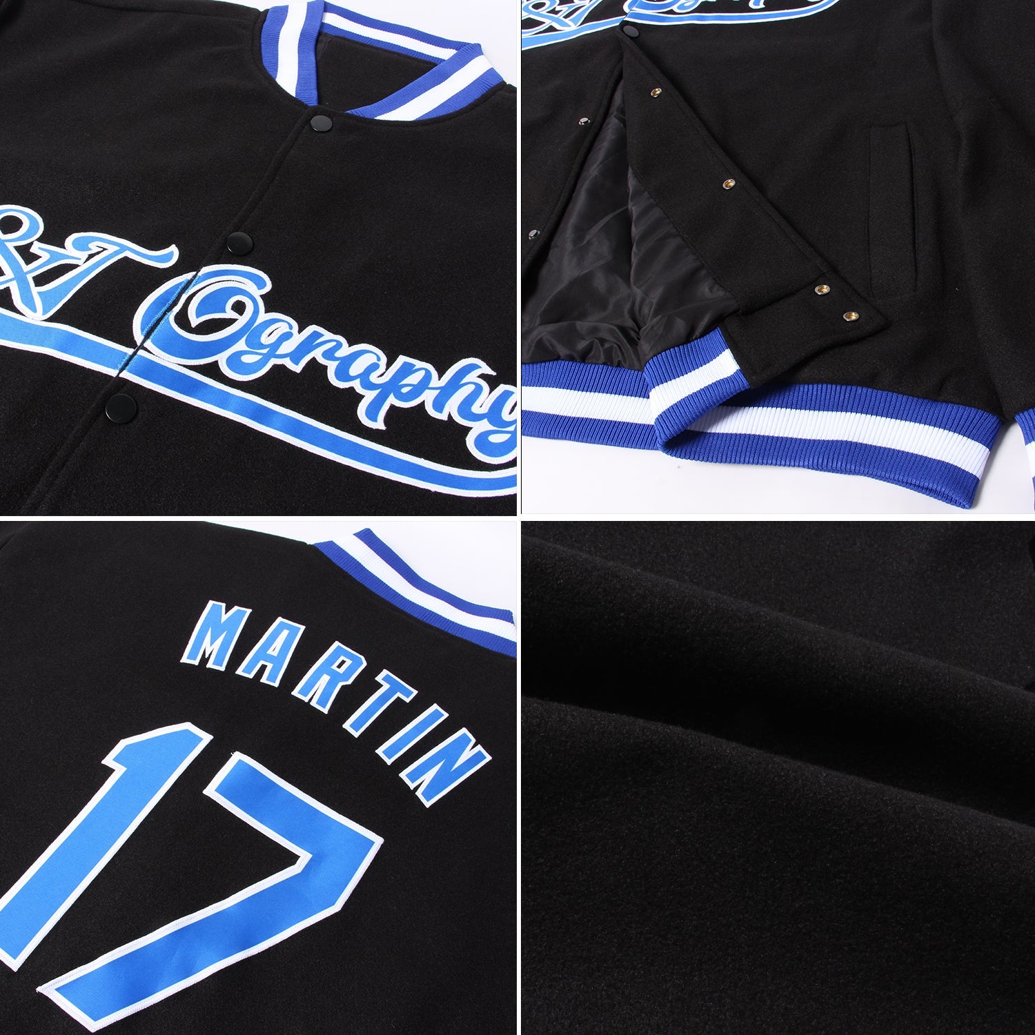 Custom Black Royal-White Bomber Full-Snap Varsity Letterman Jacket view 4