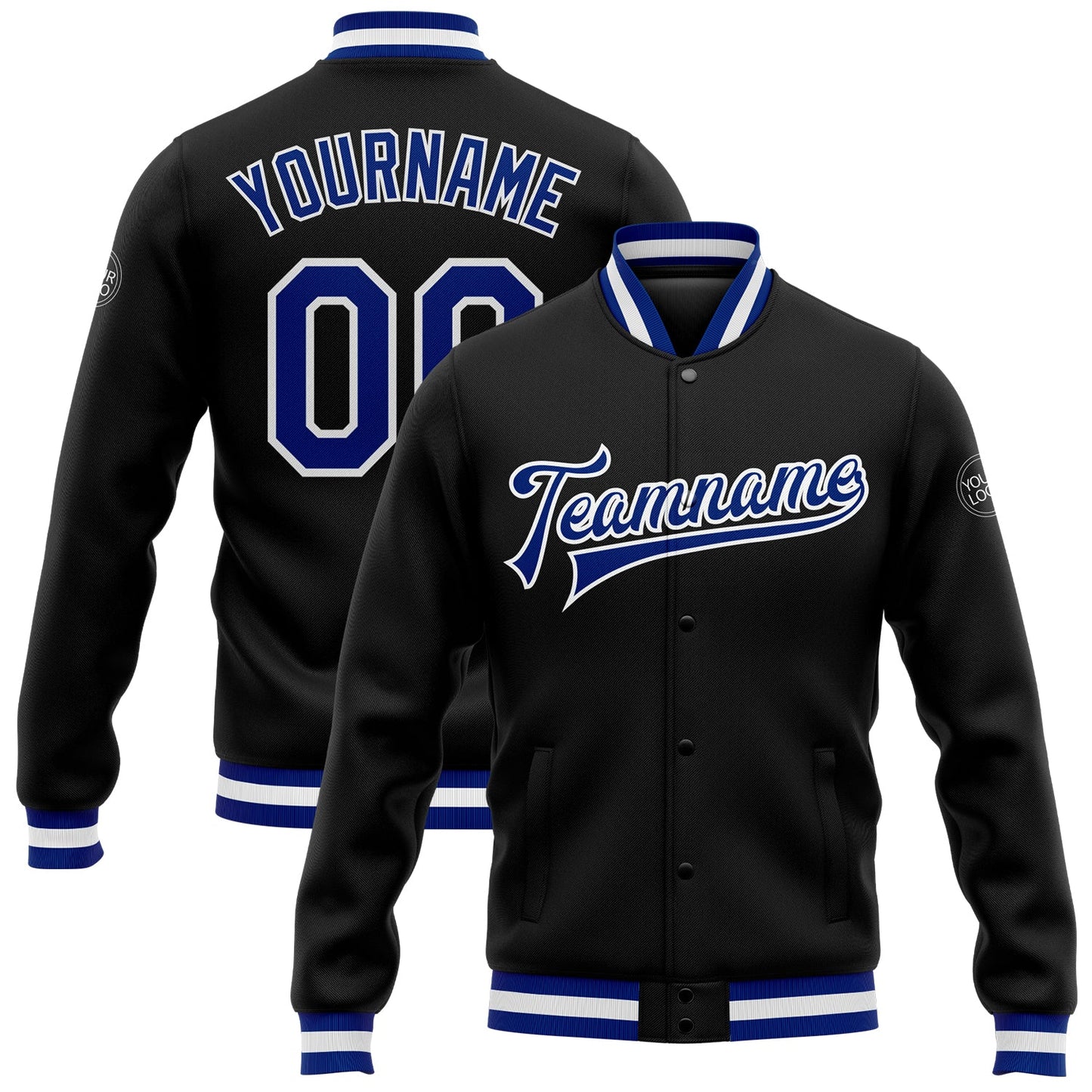 Custom Black Royal-White Bomber Full-Snap Varsity Letterman Jacket - Main View