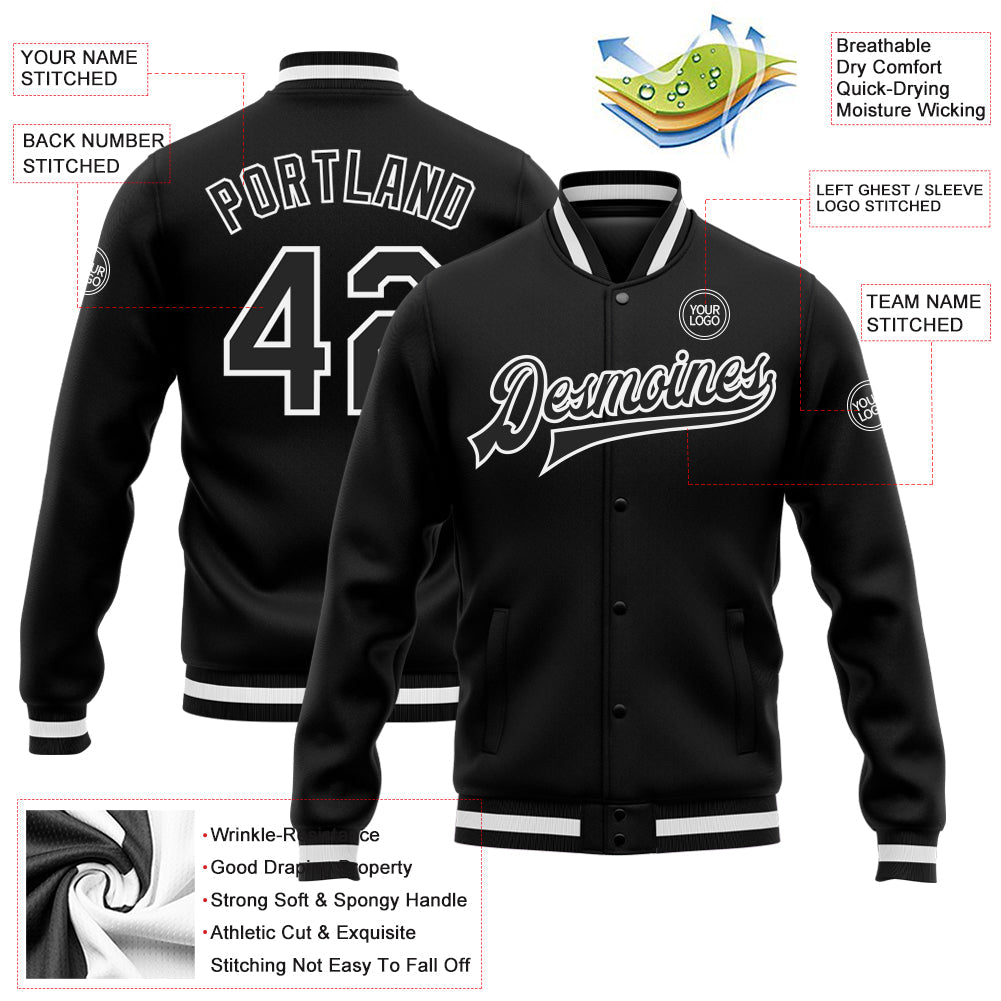 Custom Black Black-White Bomber Full-Snap Varsity Letterman Jacket view 5