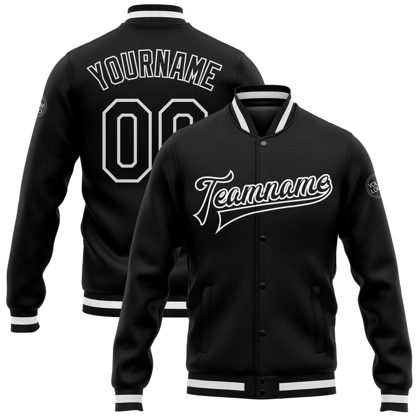 Custom Black Black-White Bomber Full-Snap Varsity Letterman Jacket - Main View