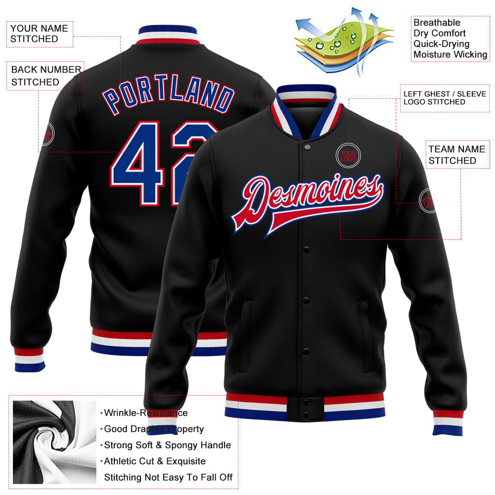 Custom Black Royal White-Red Bomber Full-Snap Varsity Letterman Jacket view 5