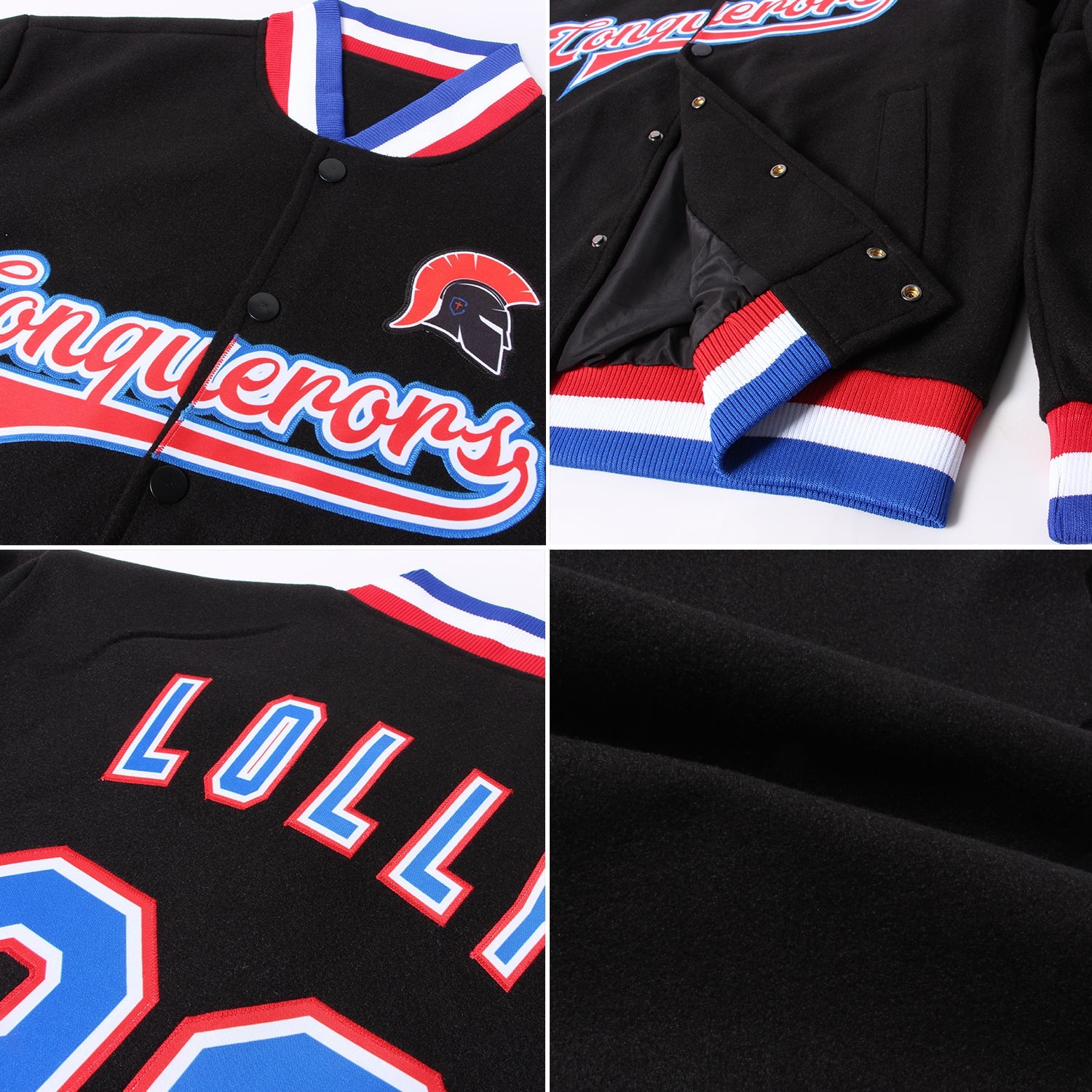 Custom Black Royal White-Red Bomber Full-Snap Varsity Letterman Jacket view 4