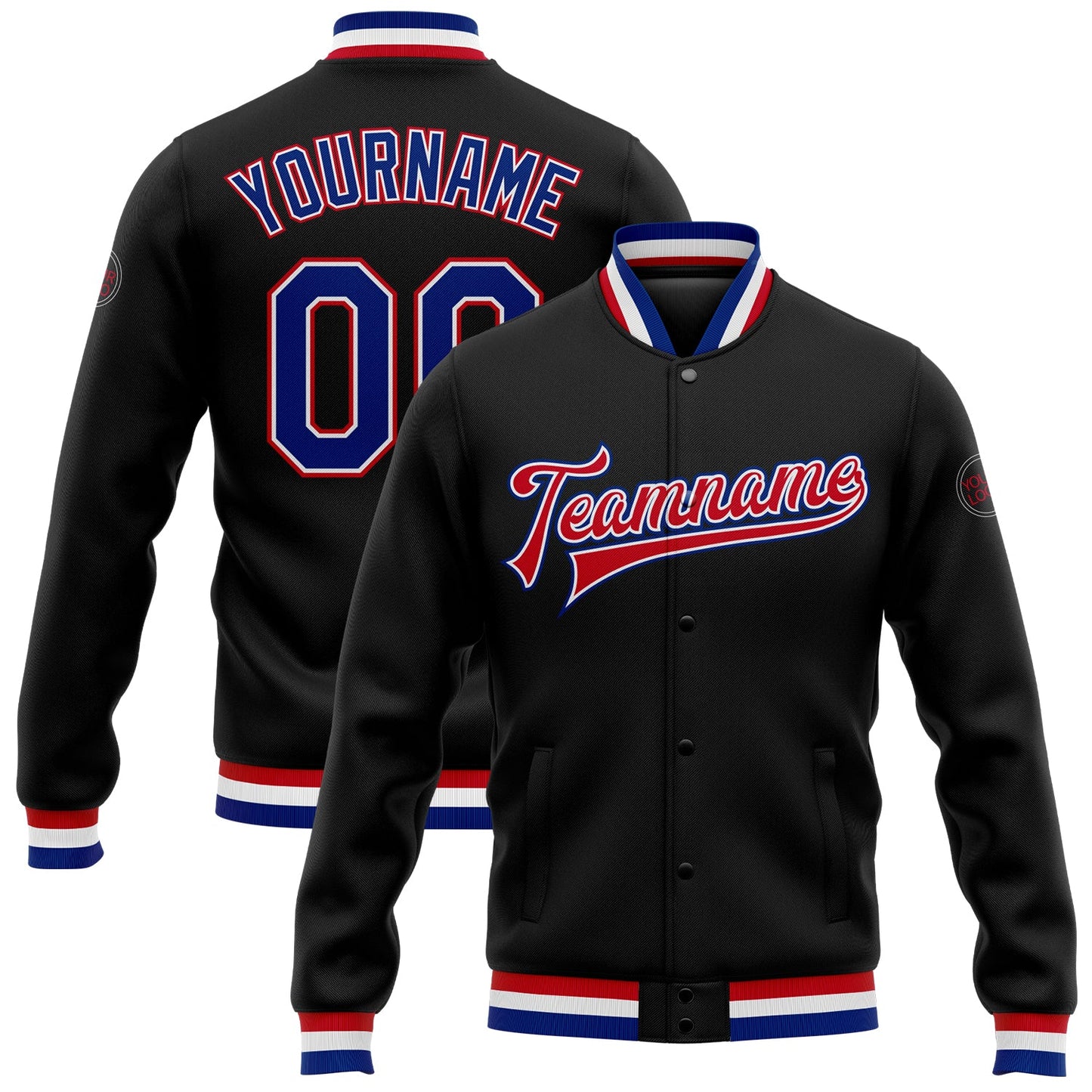 Custom Black Royal White-Red Bomber Full-Snap Varsity Letterman Jacket - Main View