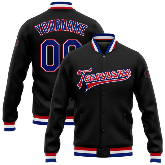 Custom Black Royal White-Red Bomber Full-Snap Varsity Letterman Jacket - Main View