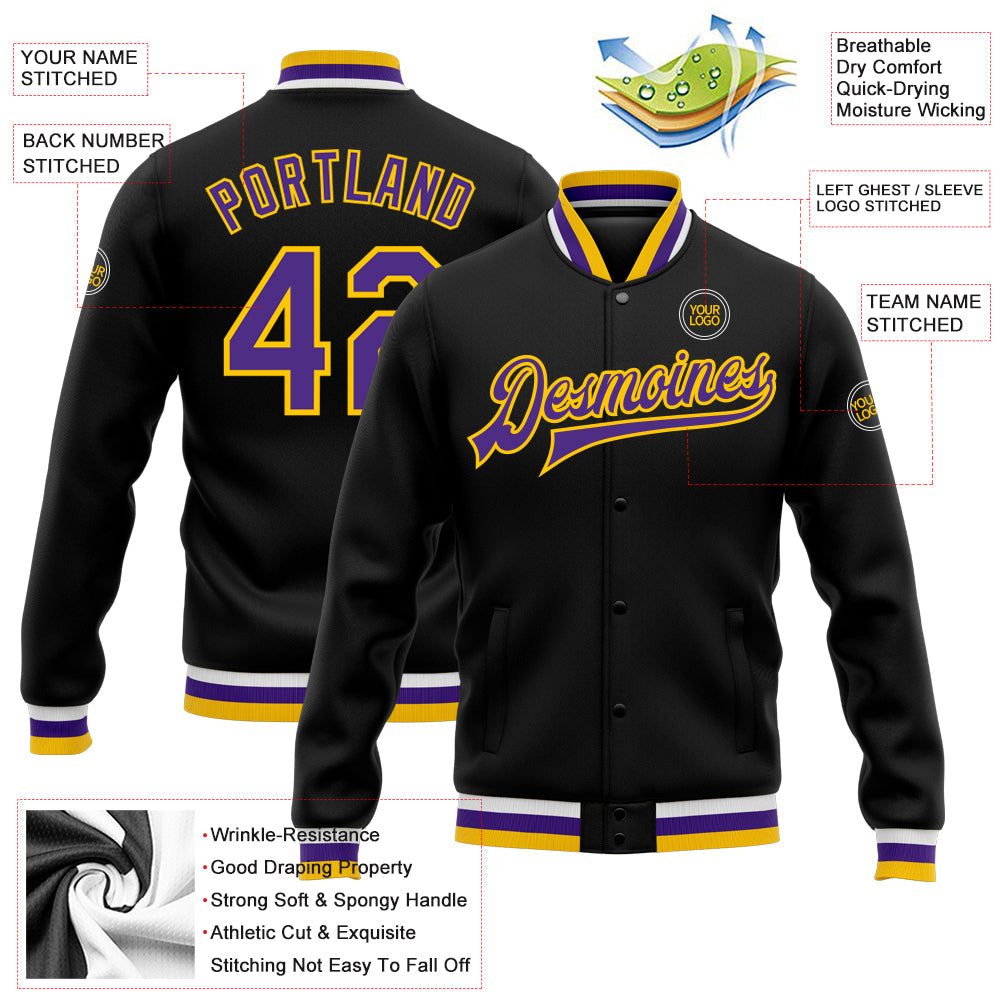 Custom Black Purple-Gold Bomber Full-Snap Varsity Letterman Jacket view 5