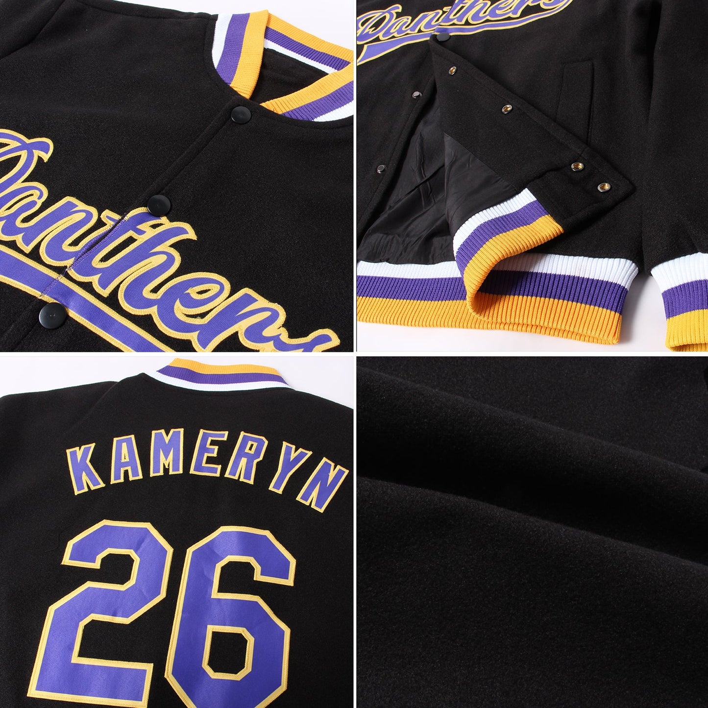 Custom Black Purple-Gold Bomber Full-Snap Varsity Letterman Jacket view 4