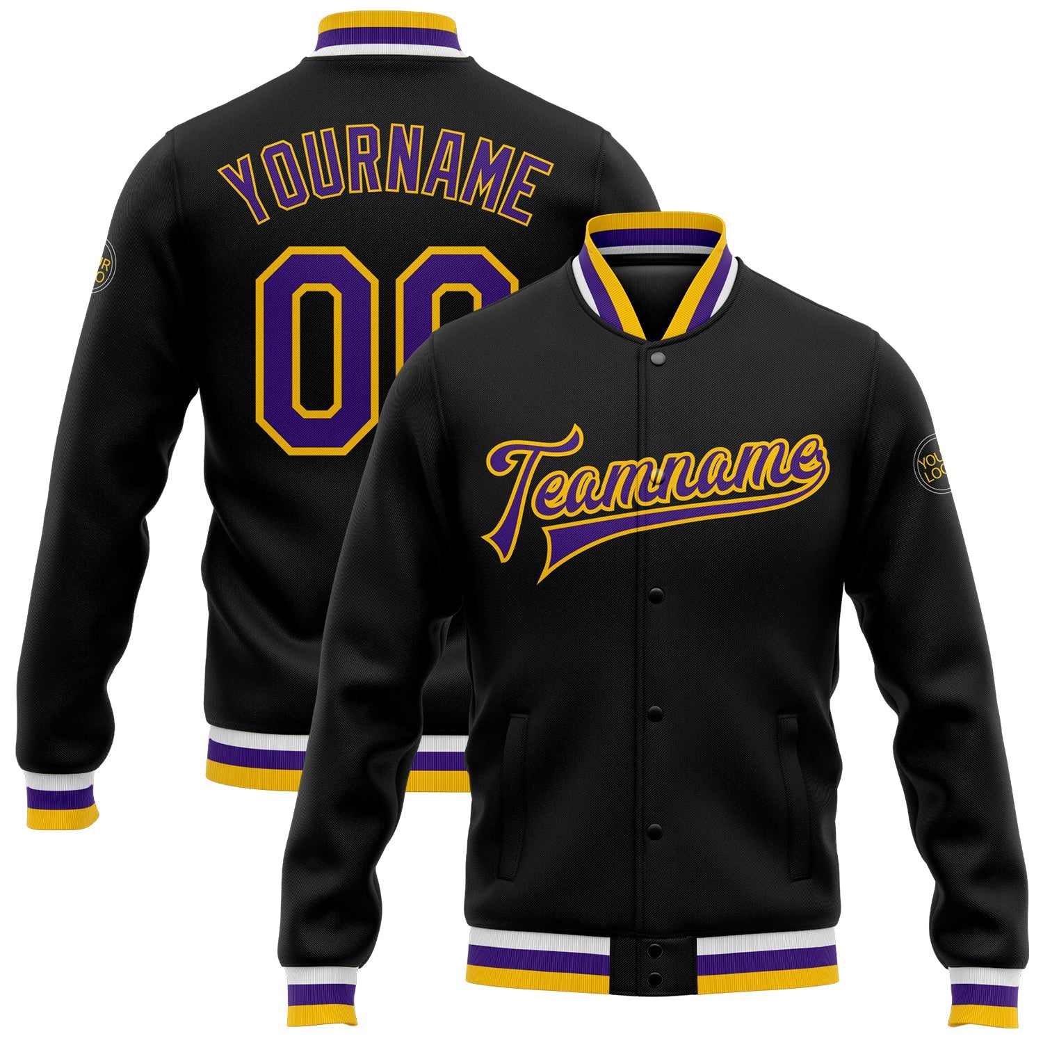 Custom Black Purple-Gold Bomber Full-Snap Varsity Letterman Jacket - Main View