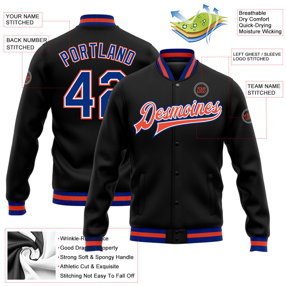 Custom Black Royal White-Orange Bomber Full-Snap Varsity Letterman Jacket view 5