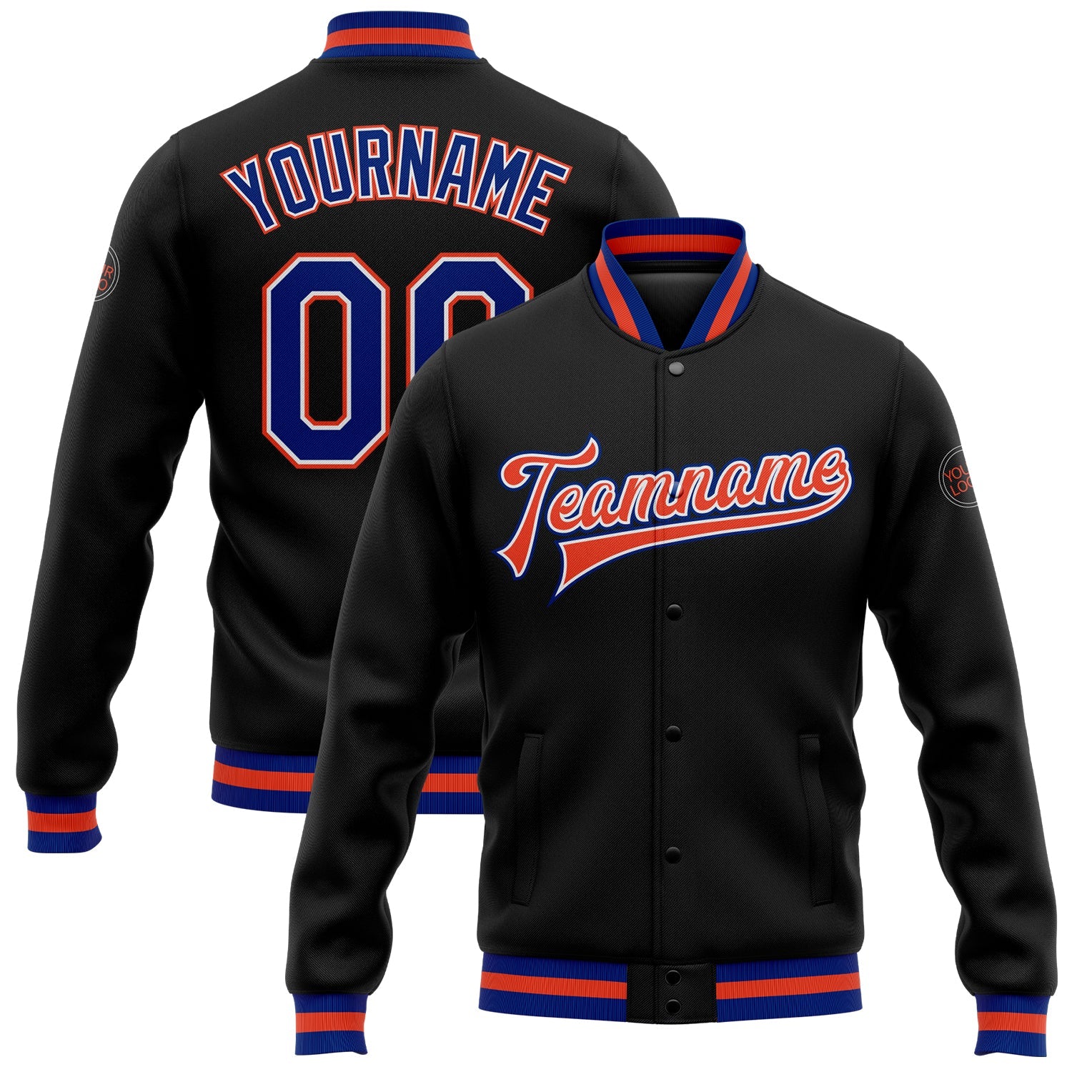 Custom Black Royal White-Orange Bomber Full-Snap Varsity Letterman Jacket - Main View