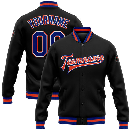 Custom Black Royal White-Orange Bomber Full-Snap Varsity Letterman Jacket - Main View