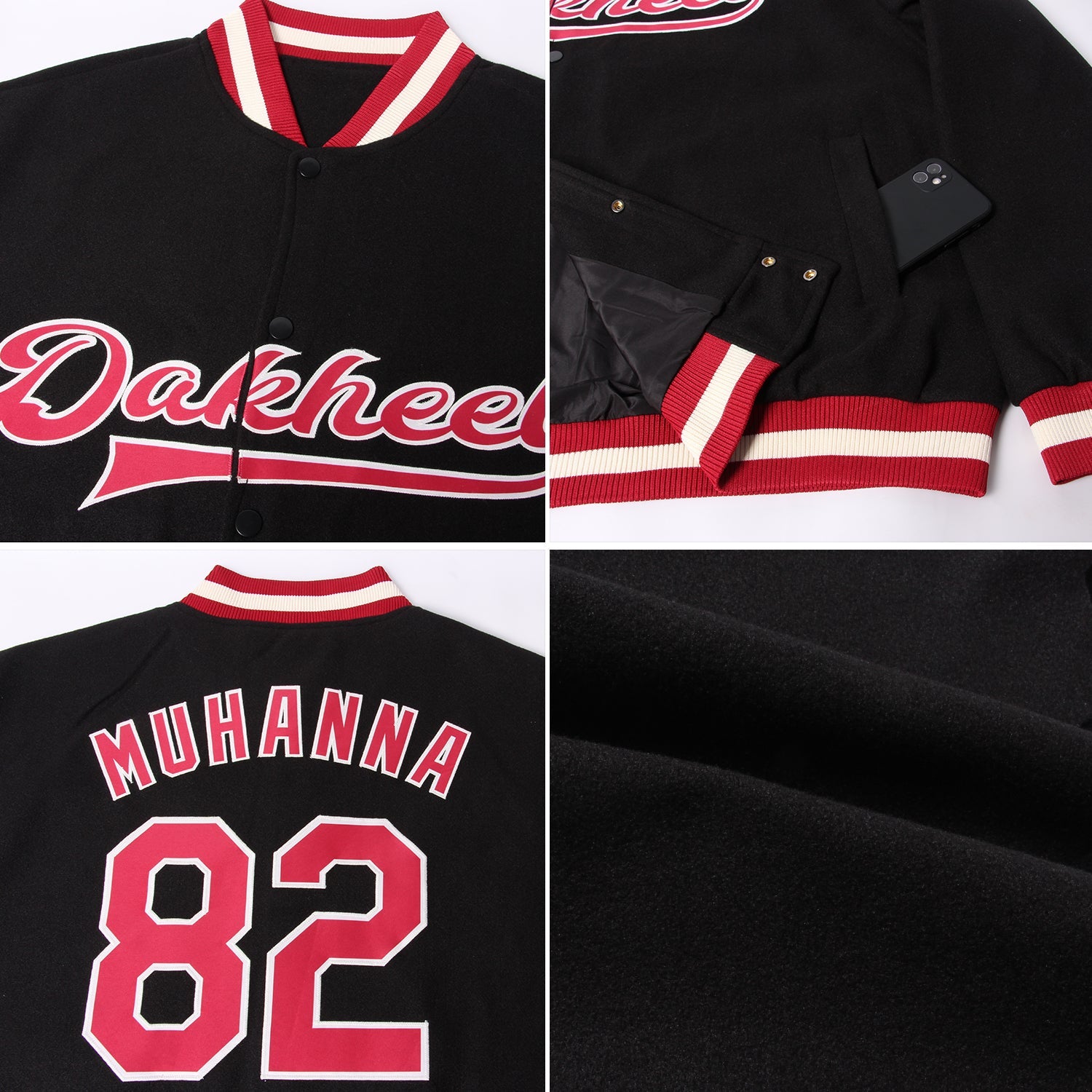 Custom Black Maroon-Cream Bomber Full-Snap Varsity Letterman Jacket view 4