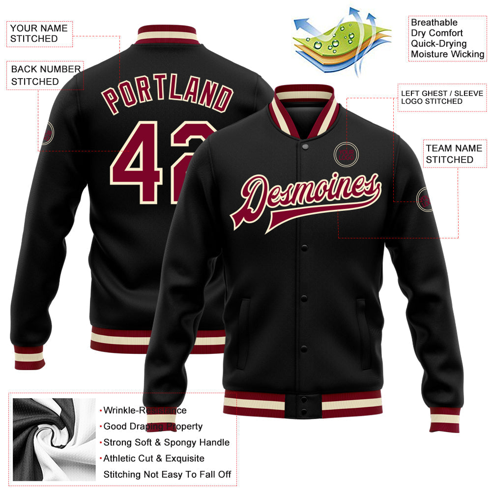 Custom Black Maroon-Cream Bomber Full-Snap Varsity Letterman Jacket view 5