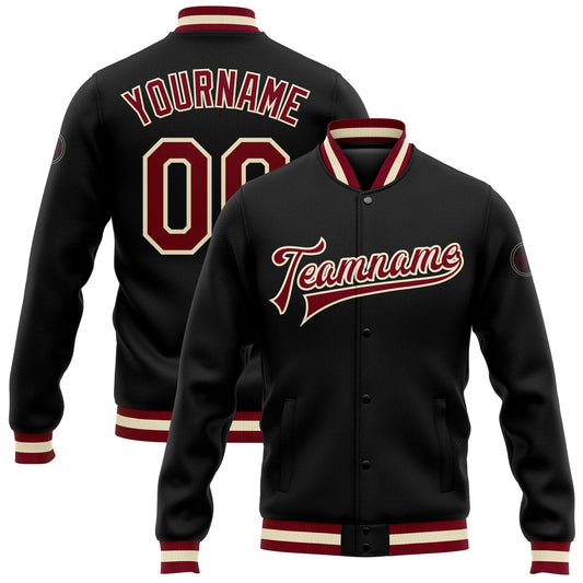 Custom Black Maroon-Cream Bomber Full-Snap Varsity Letterman Jacket - Main View