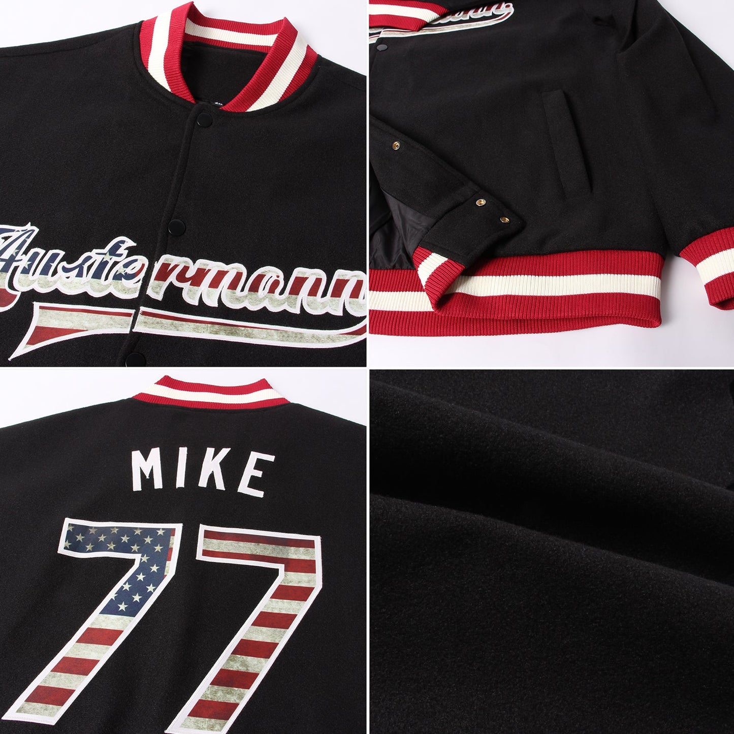 Custom Black Vintage USA Flag-Cream Bomber Full-Snap Varsity Letterman Jacket view 4