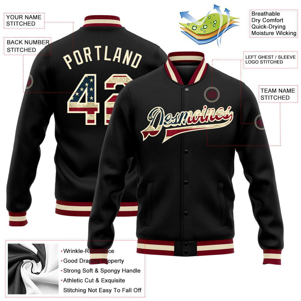 Custom Black Vintage USA Flag-Cream Bomber Full-Snap Varsity Letterman Jacket view 5