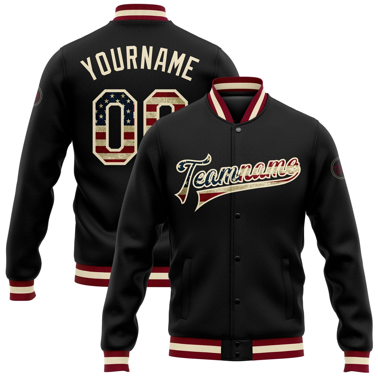 Custom Black Vintage USA Flag-Cream Bomber Full-Snap Varsity Letterman Jacket - Main View