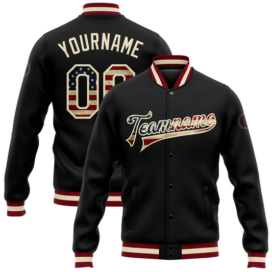 Custom Black Vintage USA Flag-Cream Bomber Full-Snap Varsity Letterman Jacket - Main View