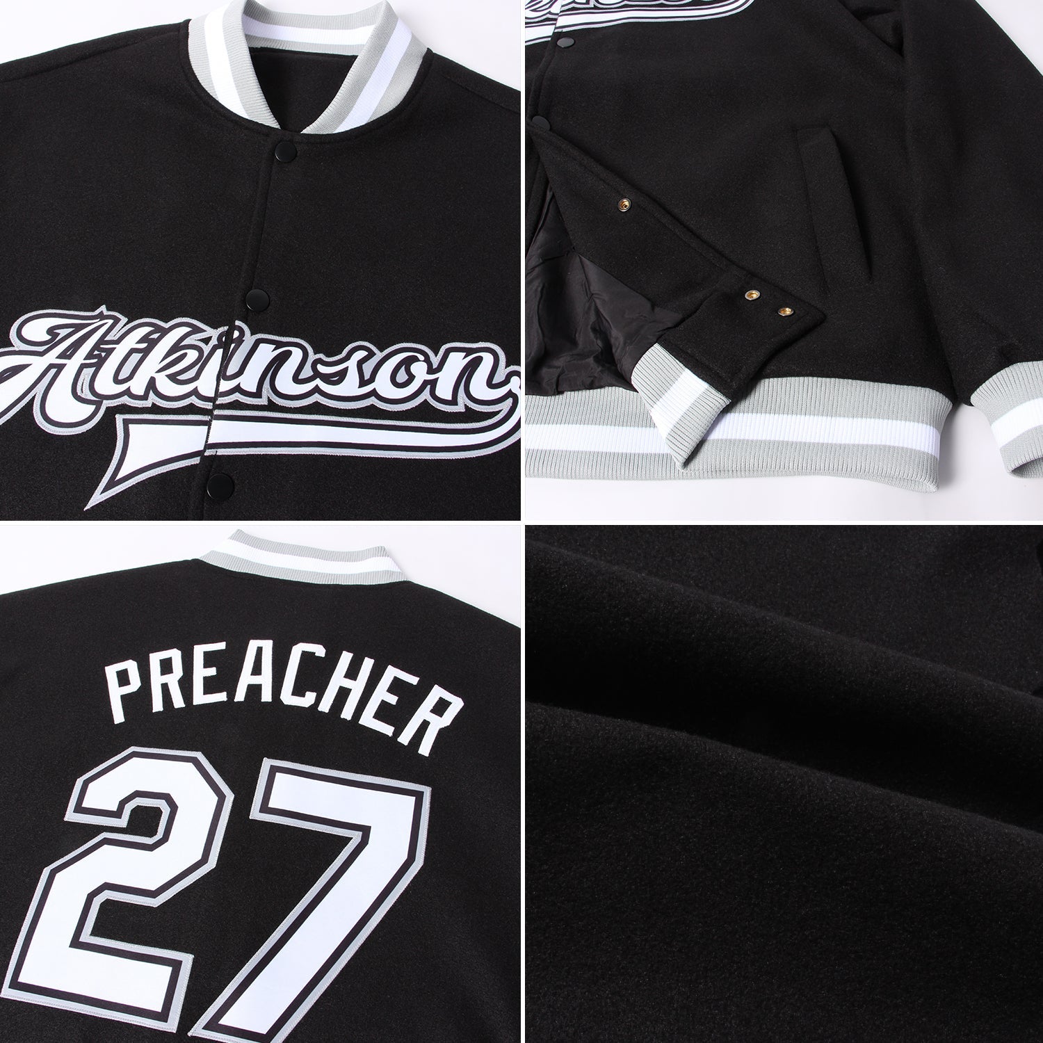 Custom Black White-Gray Bomber Full-Snap Varsity Letterman Jacket view 4