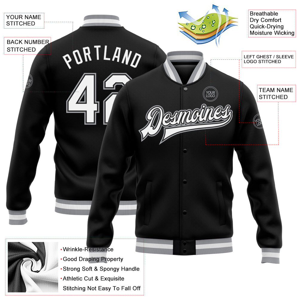 Custom Black White-Gray Bomber Full-Snap Varsity Letterman Jacket view 5