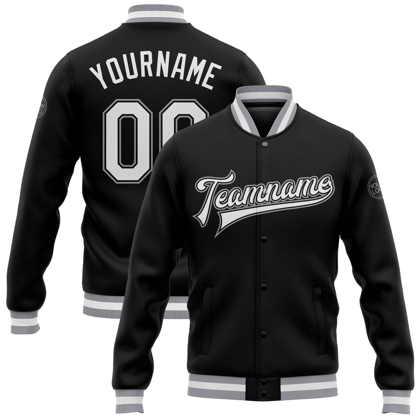 Custom Black White-Gray Bomber Full-Snap Varsity Letterman Jacket - Main View