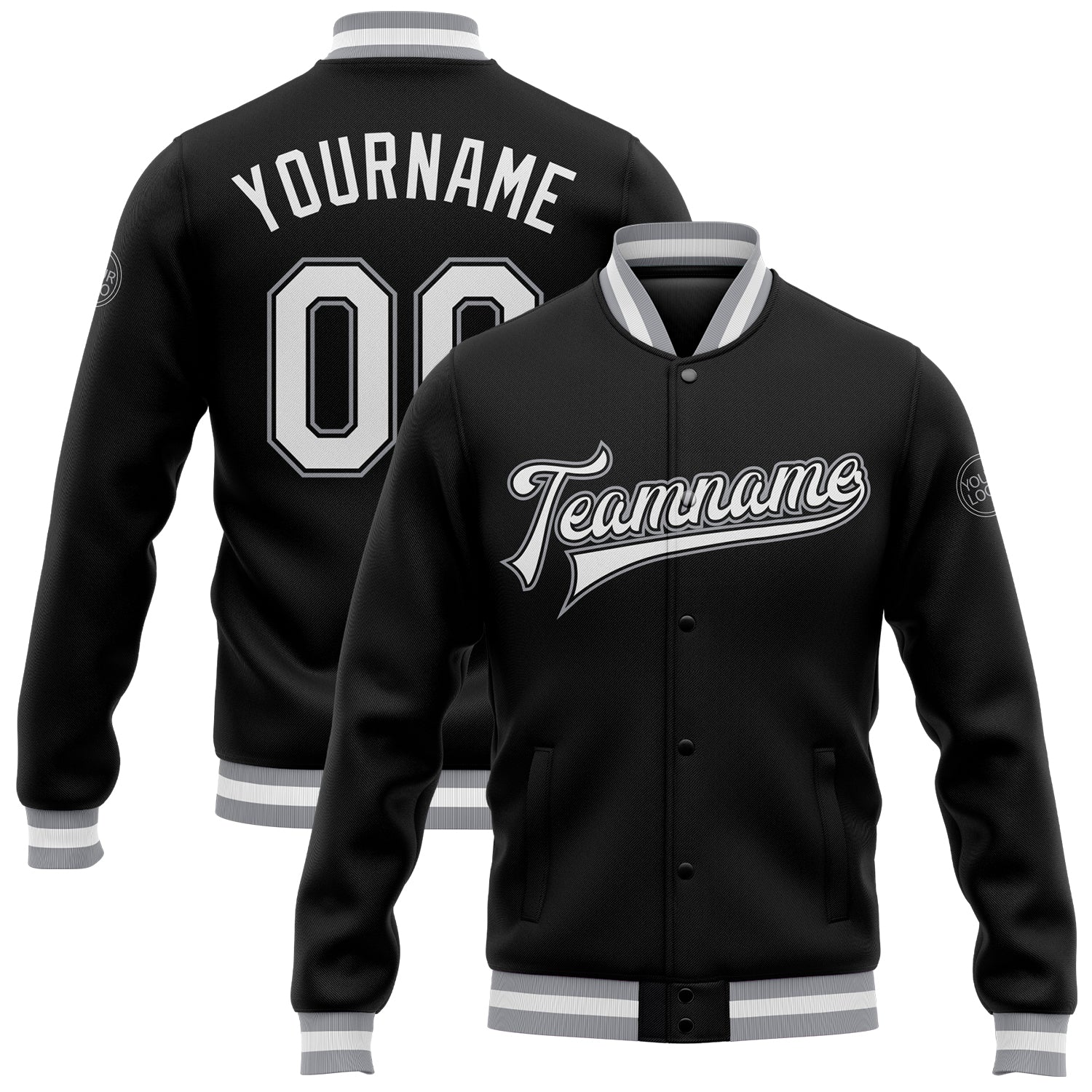 Custom Black White-Gray Bomber Full-Snap Varsity Letterman Jacket - Main View