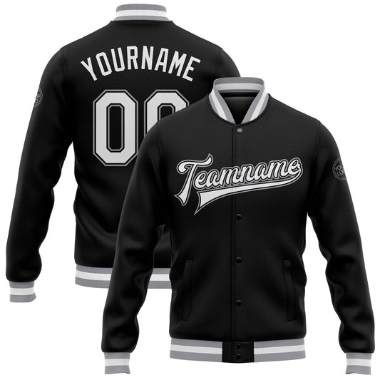Custom Black White-Gray Bomber Full-Snap Varsity Letterman Jacket - Main View
