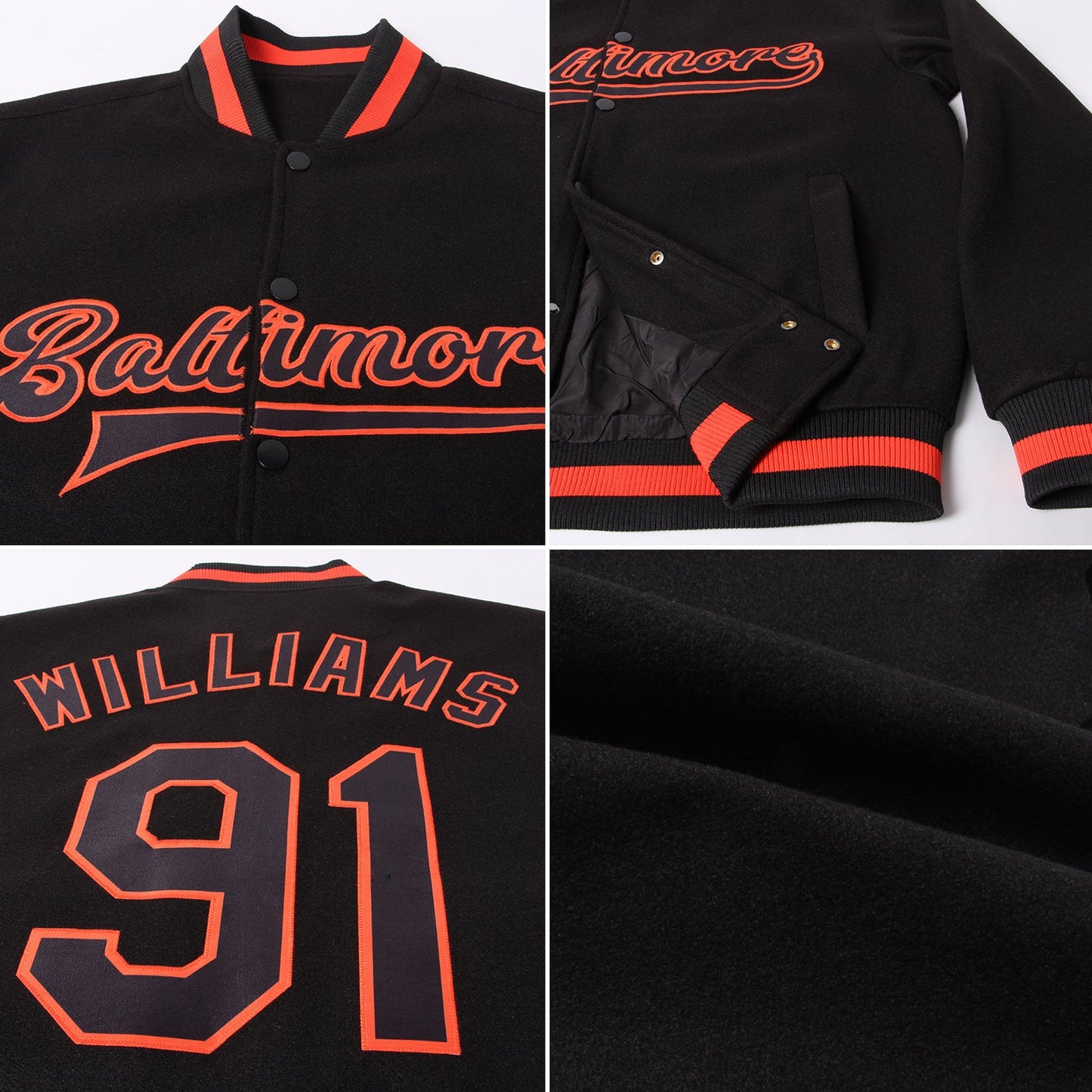 Custom Black Black-Orange Bomber Full-Snap Varsity Letterman Jacket view 4