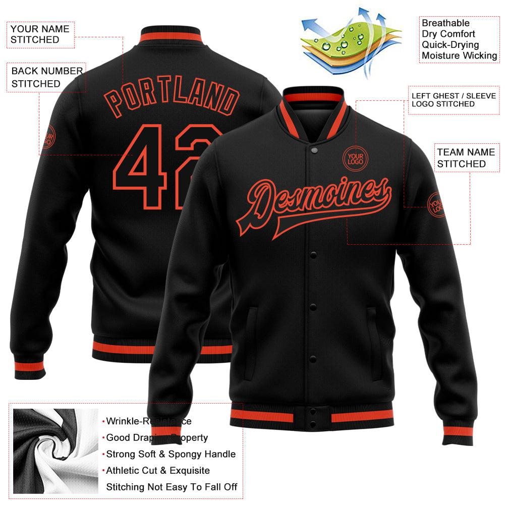 Custom Black Black-Orange Bomber Full-Snap Varsity Letterman Jacket view 5