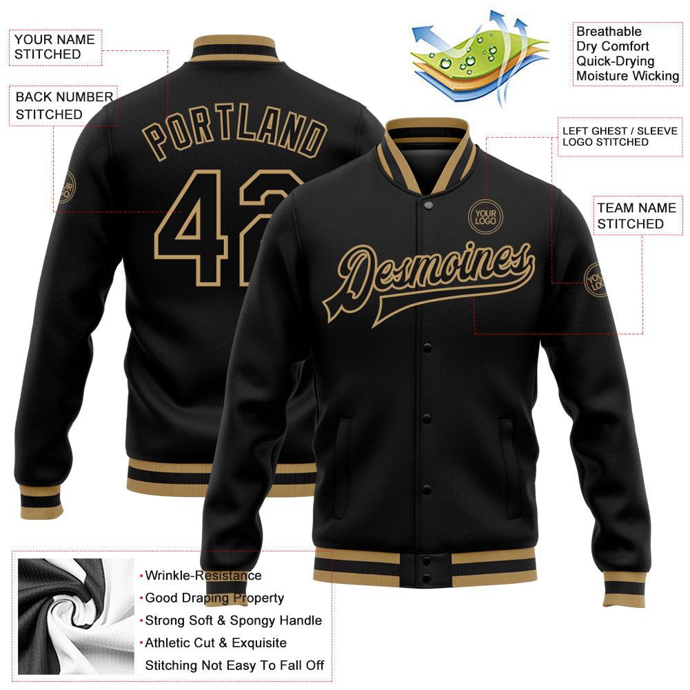 Custom Black Black-Old Gold Bomber Full-Snap Varsity Letterman Jacket view 5