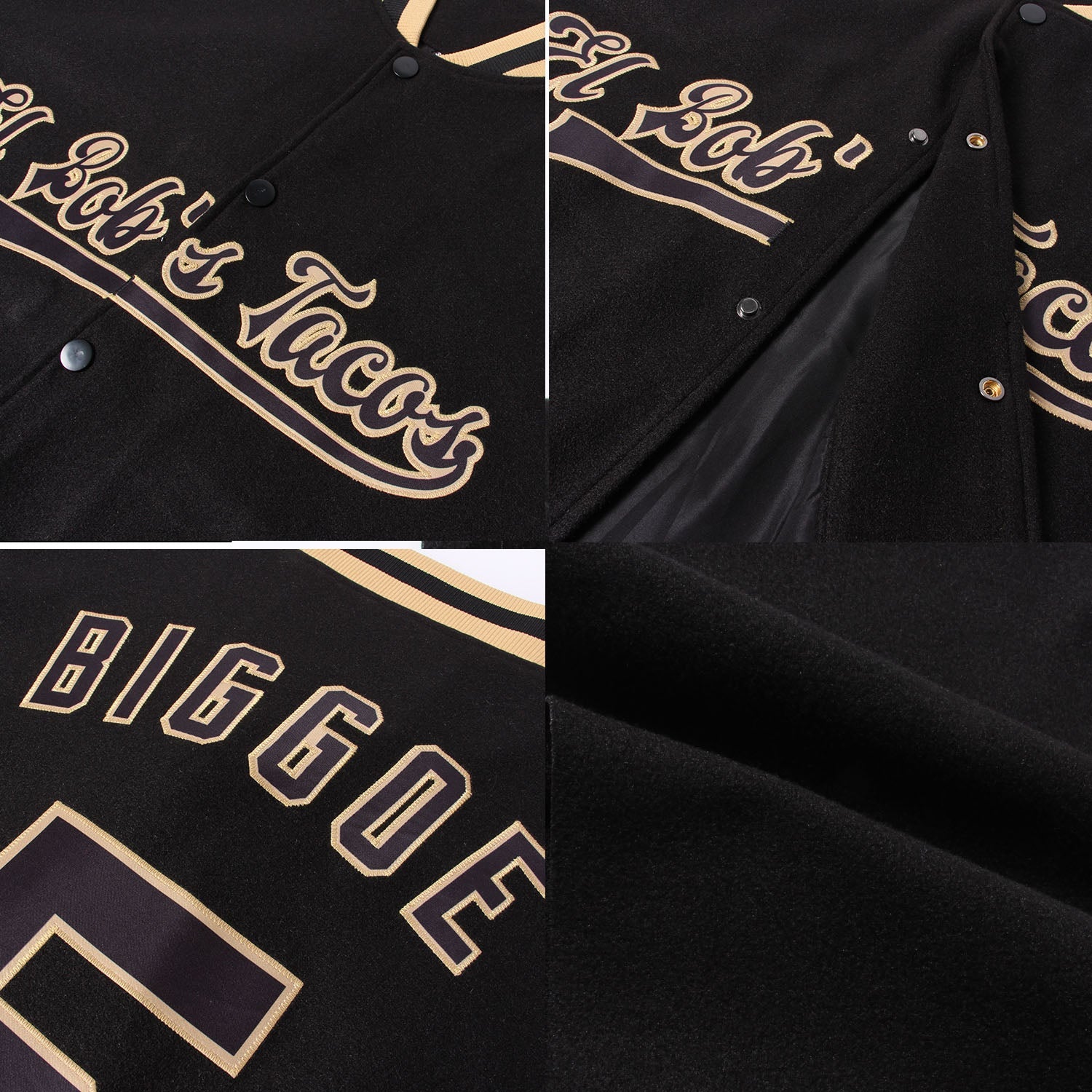 Custom Black Black-Old Gold Bomber Full-Snap Varsity Letterman Jacket view 4