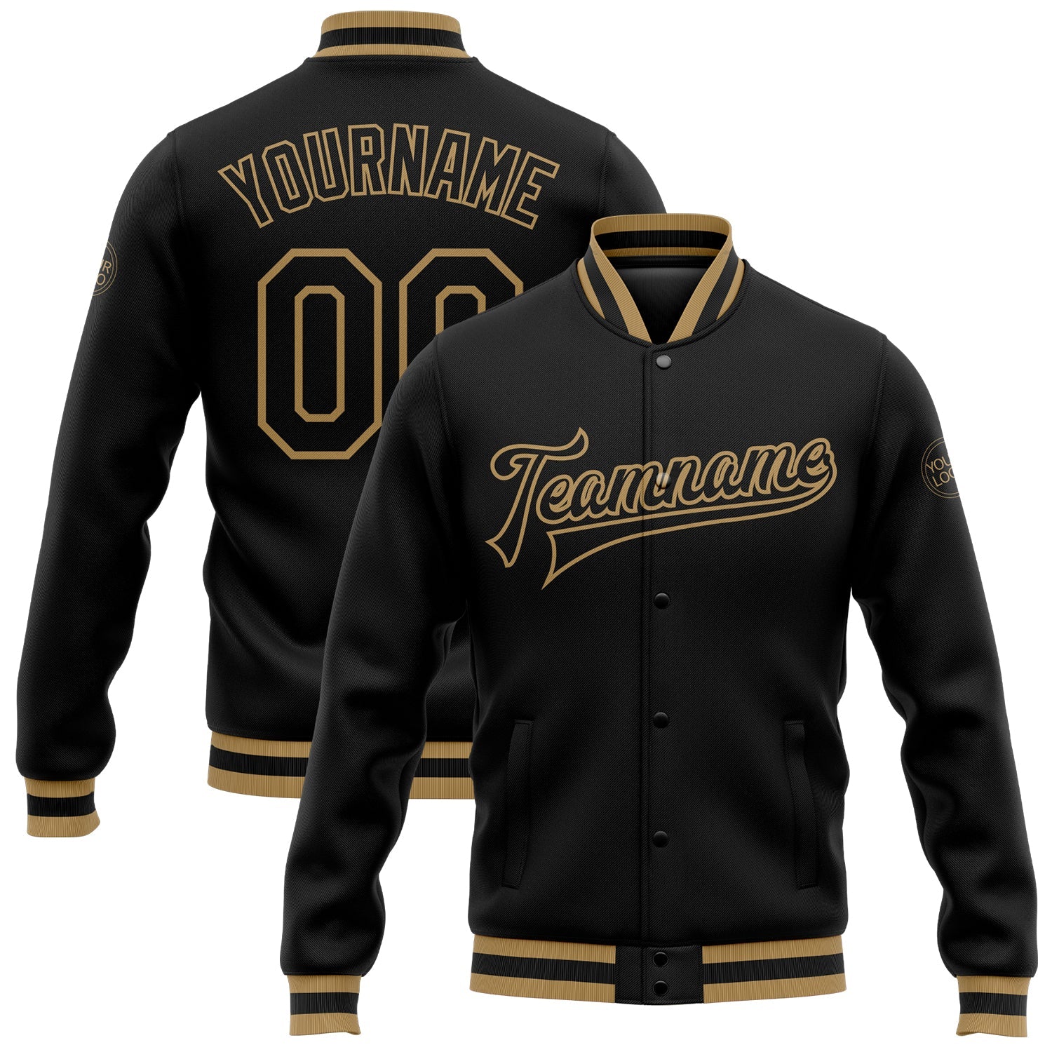 Custom Black Black-Old Gold Bomber Full-Snap Varsity Letterman Jacket - Main View