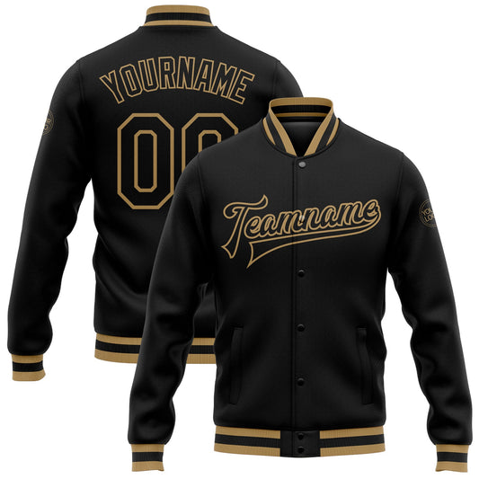 Custom Black Black-Old Gold Bomber Full-Snap Varsity Letterman Jacket - Main View