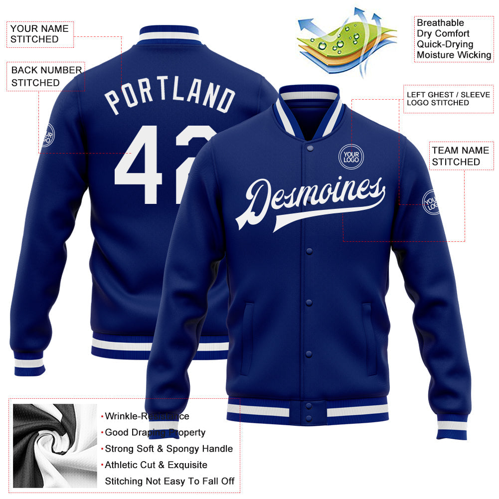 Custom Royal White Bomber Full-Snap Varsity Letterman Jacket view 5