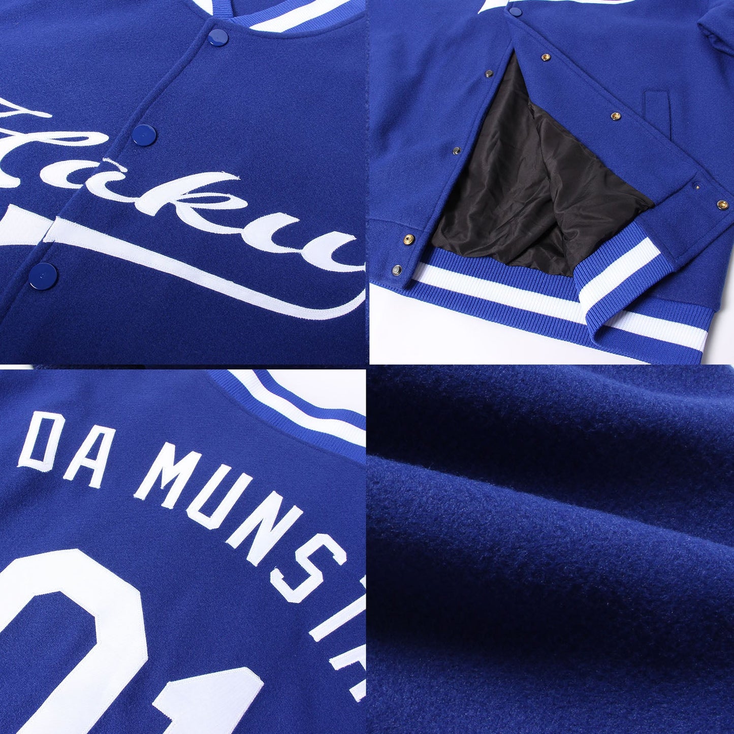 Custom Royal White Bomber Full-Snap Varsity Letterman Jacket view 4