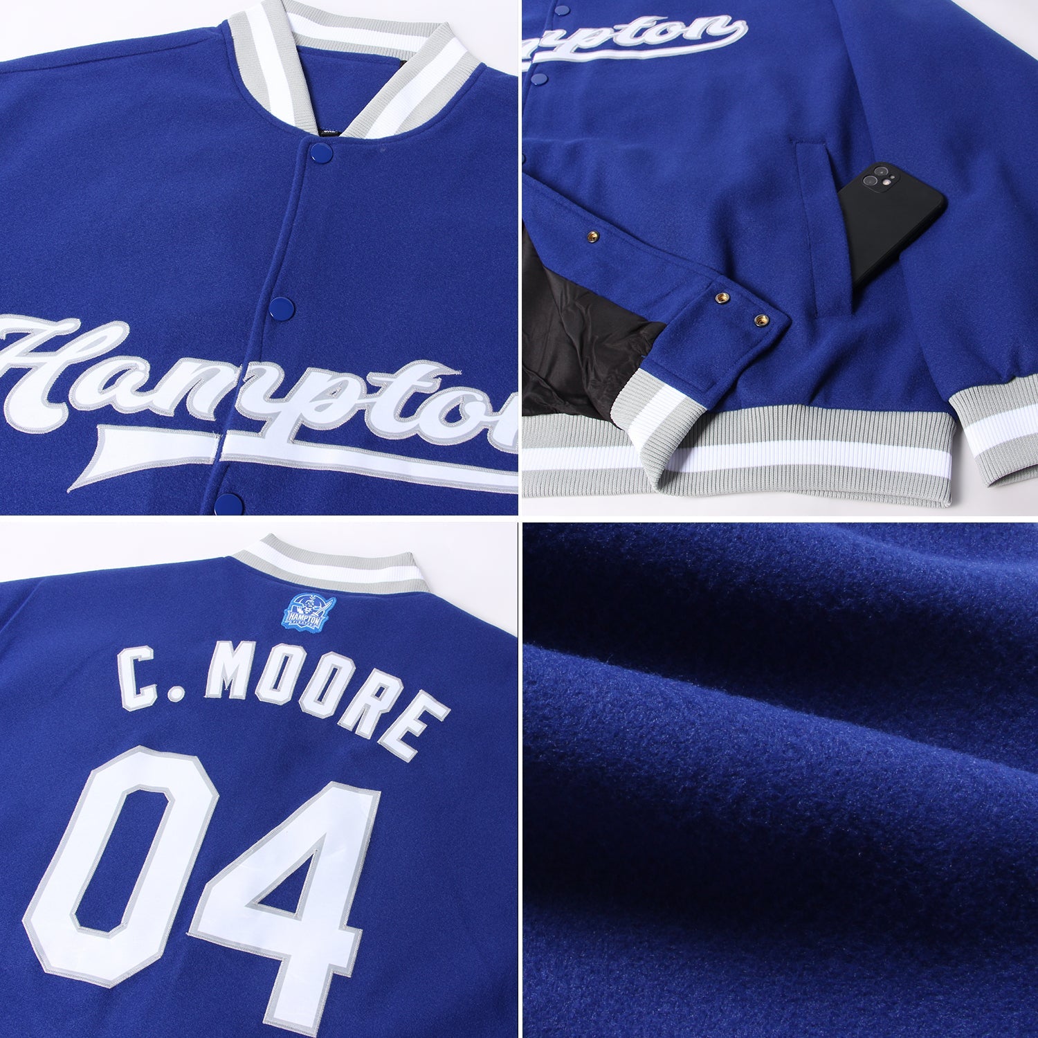 Custom Royal White-Gray Bomber Full-Snap Varsity Letterman Jacket view 4