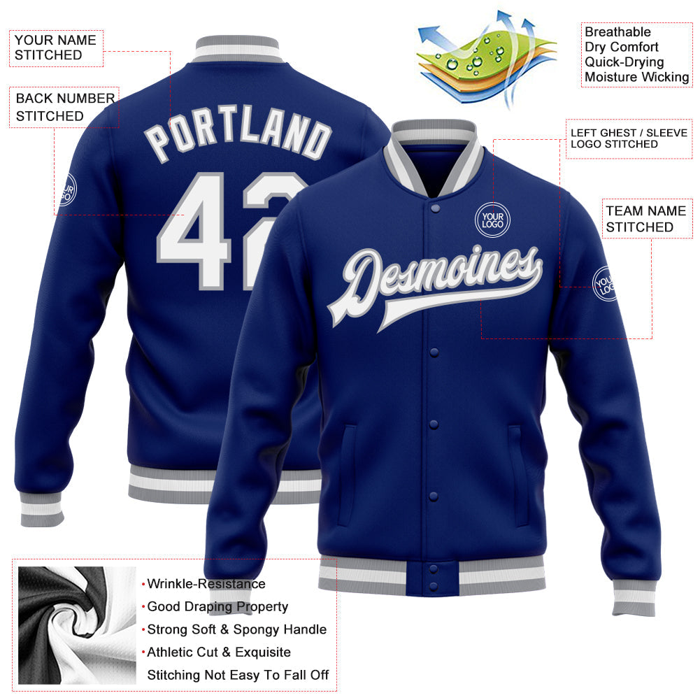 Custom Royal White-Gray Bomber Full-Snap Varsity Letterman Jacket view 5