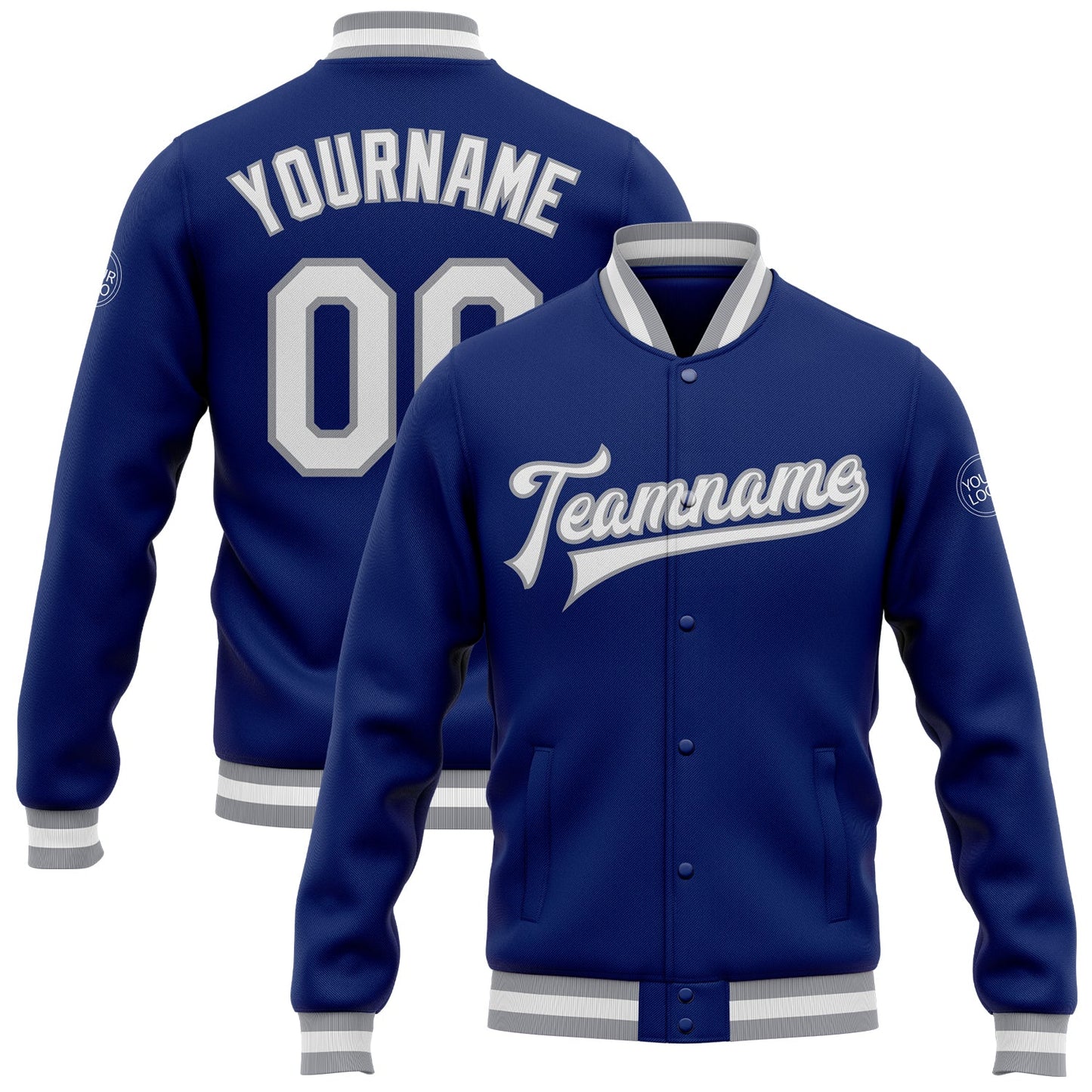 Custom Royal White-Gray Bomber Full-Snap Varsity Letterman Jacket - Main View