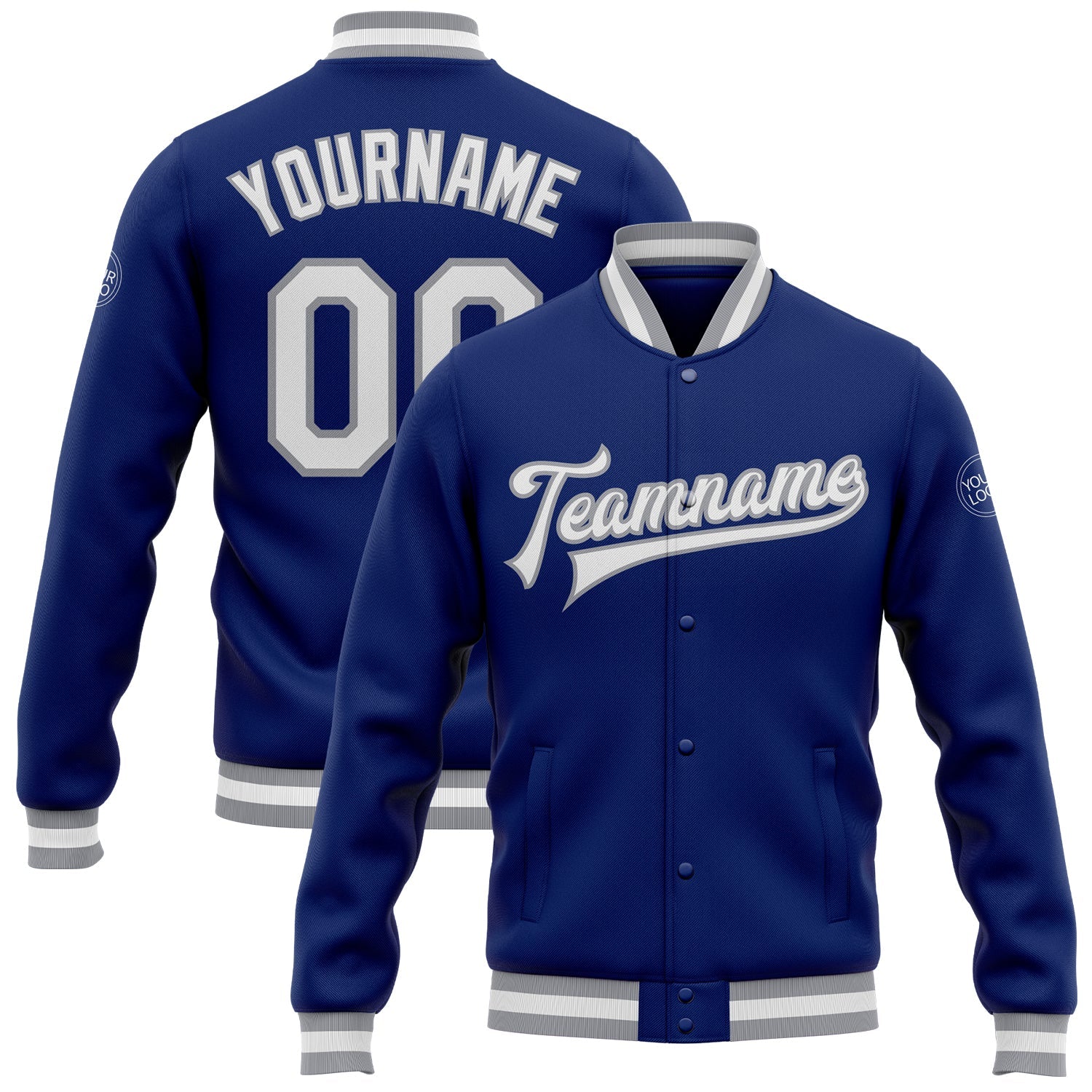 Custom Royal White-Gray Bomber Full-Snap Varsity Letterman Jacket - Main View