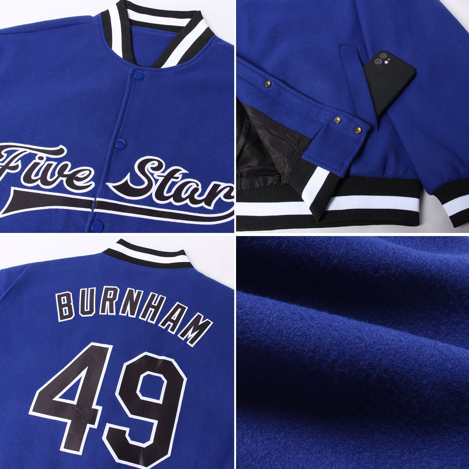Custom Royal Black-White Bomber Full-Snap Varsity Letterman Jacket view 4