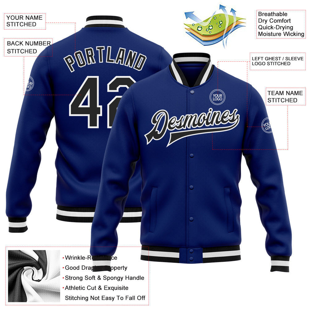 Custom Royal Black-White Bomber Full-Snap Varsity Letterman Jacket view 5