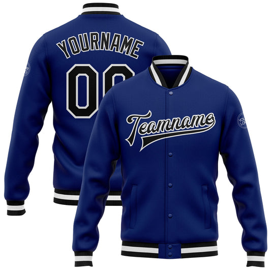 Custom Royal Black-White Bomber Full-Snap Varsity Letterman Jacket - Main View