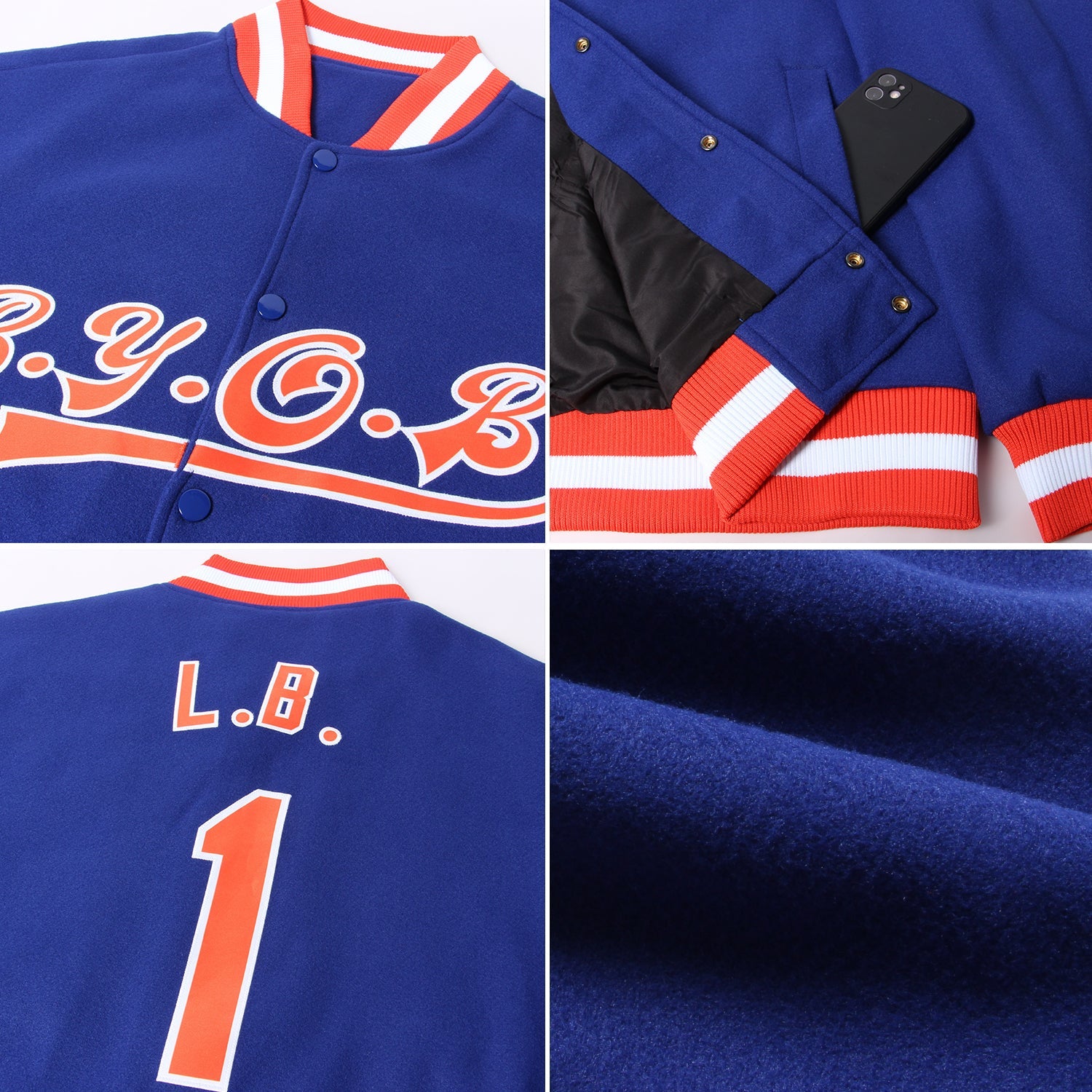 Custom Royal Orange-White Bomber Full-Snap Varsity Letterman Jacket view 4