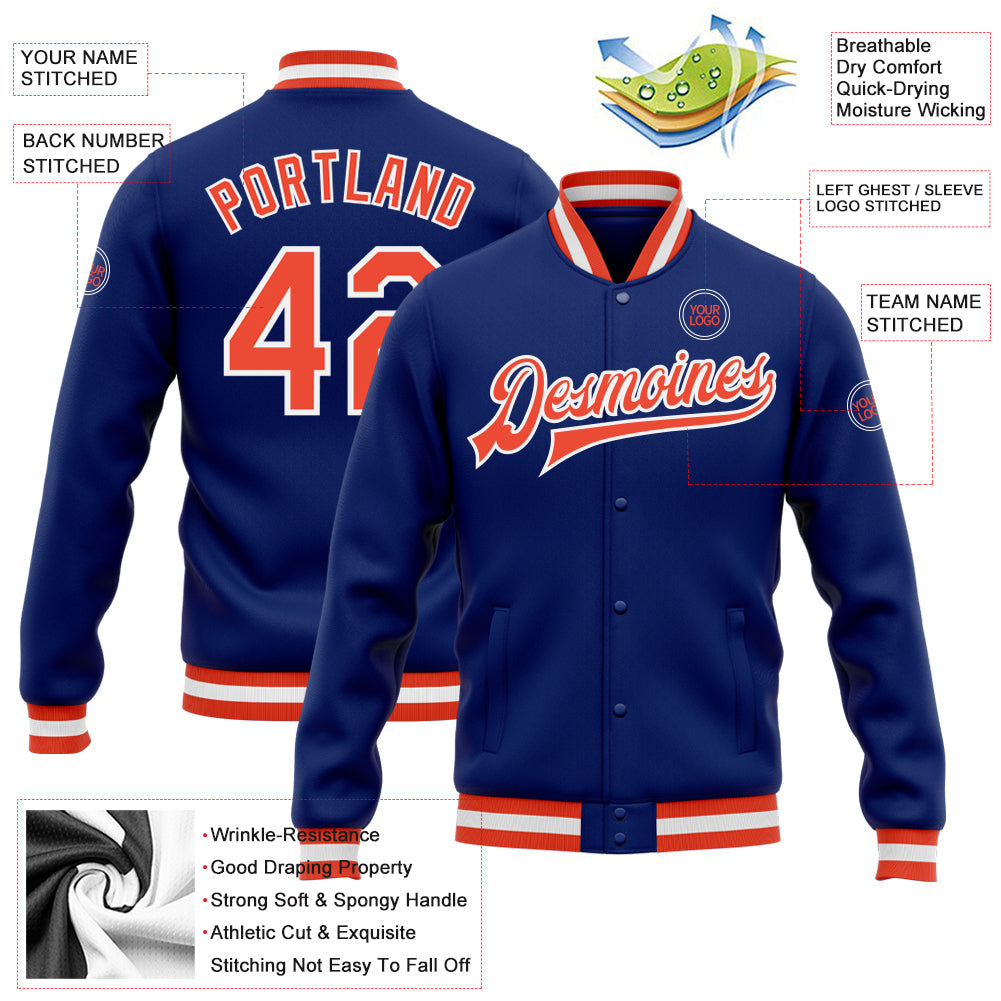 Custom Royal Orange-White Bomber Full-Snap Varsity Letterman Jacket view 5