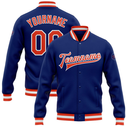 Custom Royal Orange-White Bomber Full-Snap Varsity Letterman Jacket - Main View