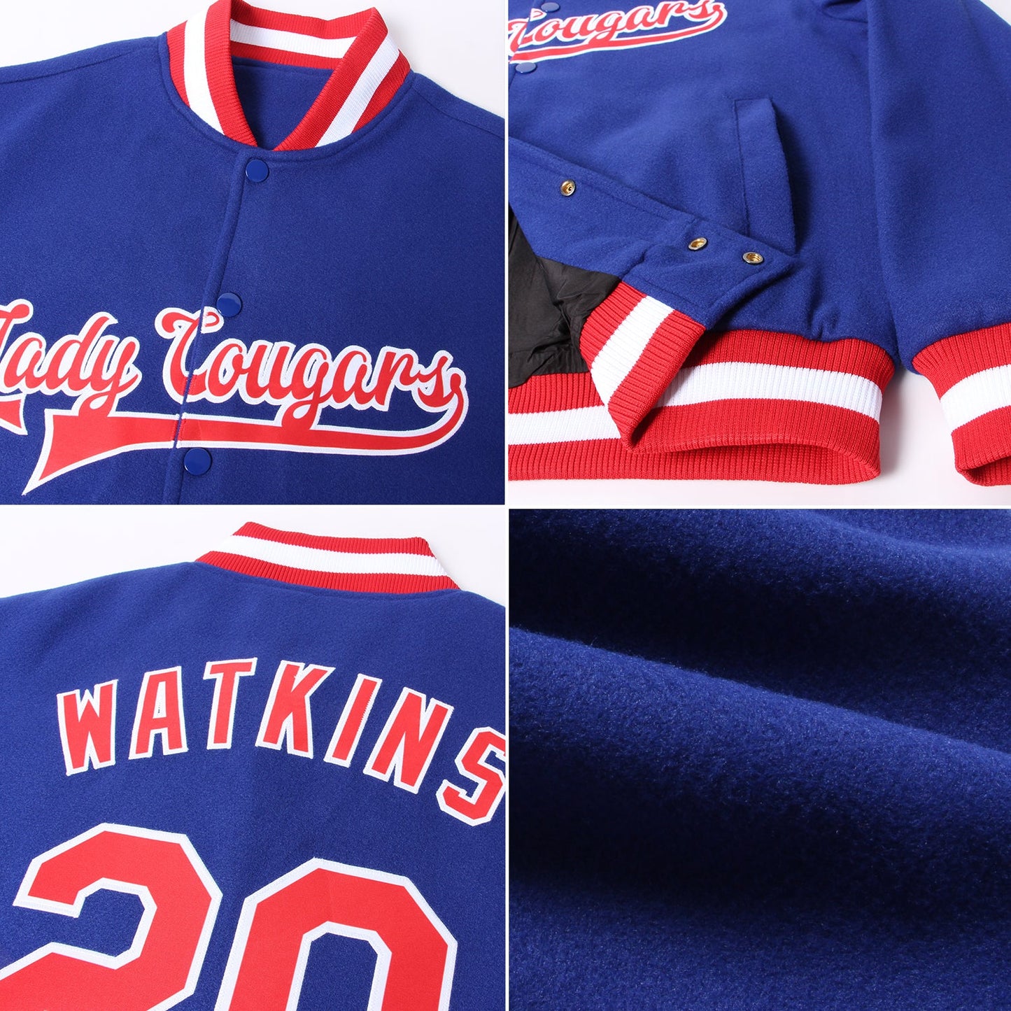 Custom Royal Red-White Bomber Full-Snap Varsity Letterman Jacket view 4