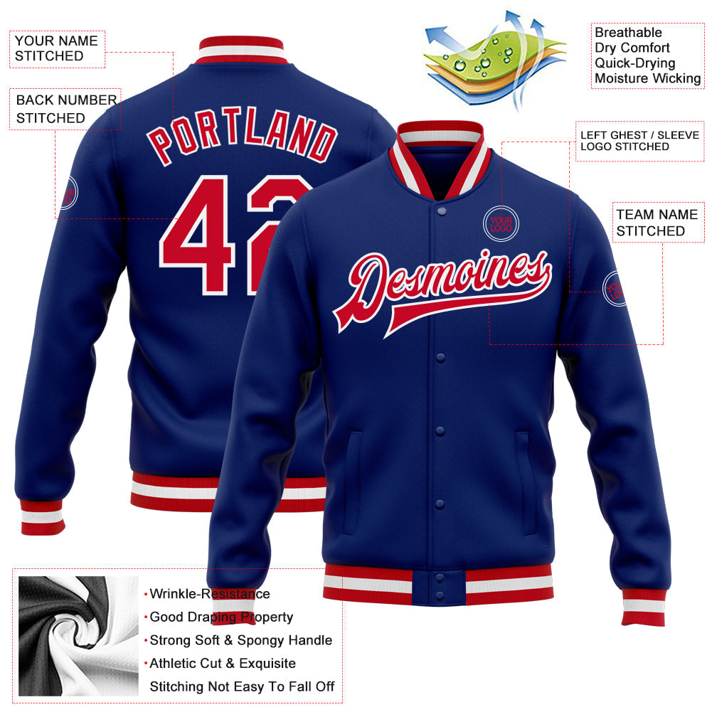 Custom Royal Red-White Bomber Full-Snap Varsity Letterman Jacket view 5