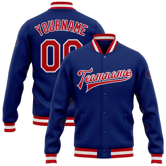 Custom Royal Red-White Bomber Full-Snap Varsity Letterman Jacket - Main View
